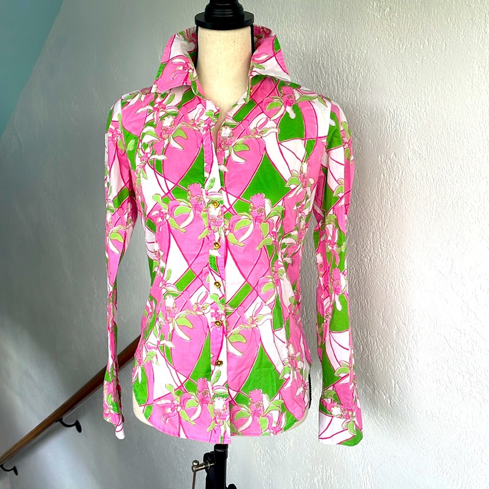 Lilly Pulitzer Pink and‎ Green Floral Cotton Long Sleeve Blouse - Picture 6 of 8